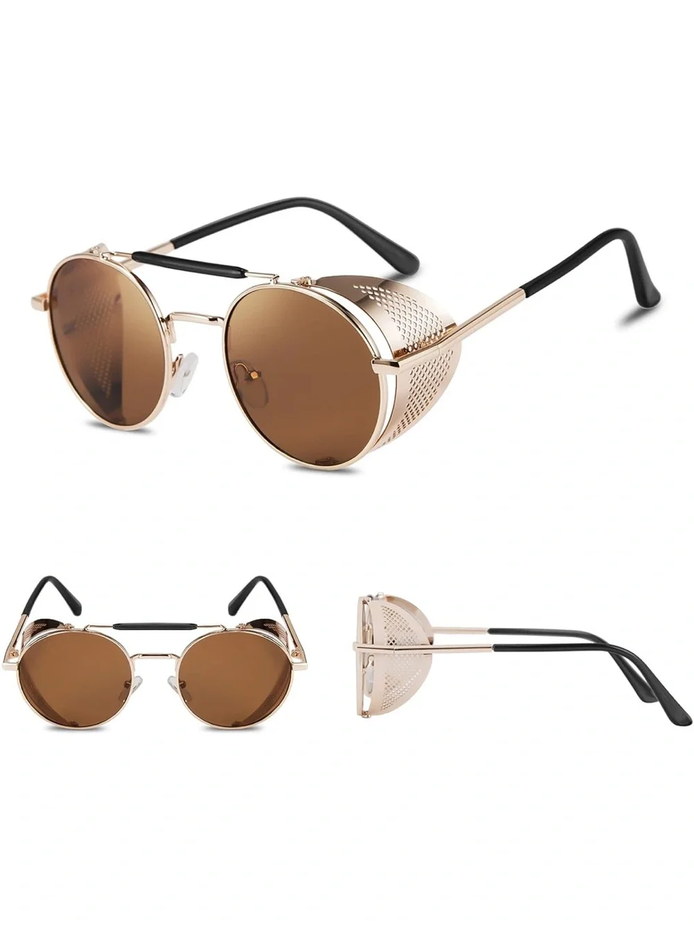 Round Steampunk Side-Shield Sunglasses in Rose Gold and Brown